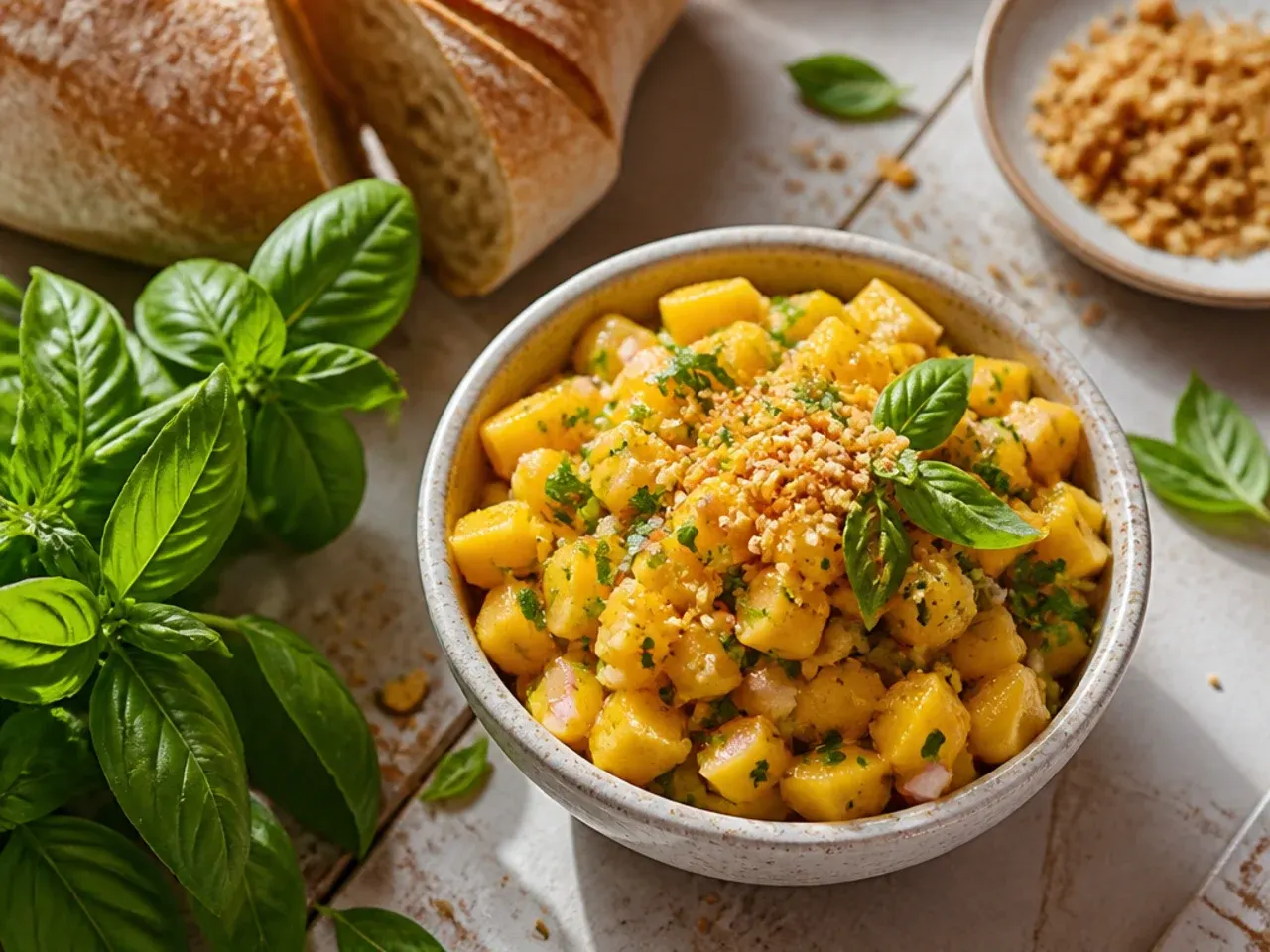 Minimalist bowl of three-ingredient mango salsa with a spoon resting in it