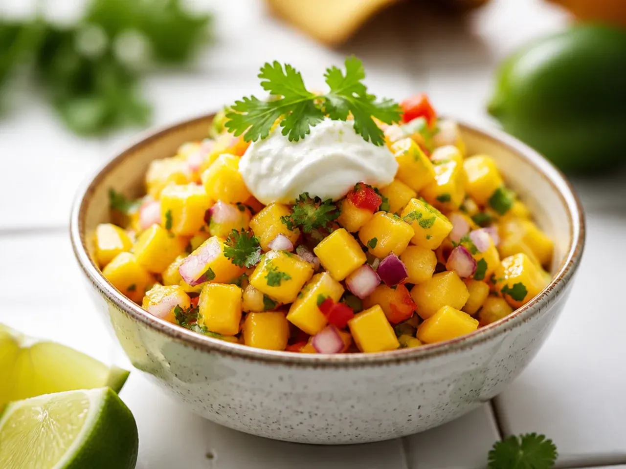 Zesty mango salsa with visible lime zest and finely minced chilli