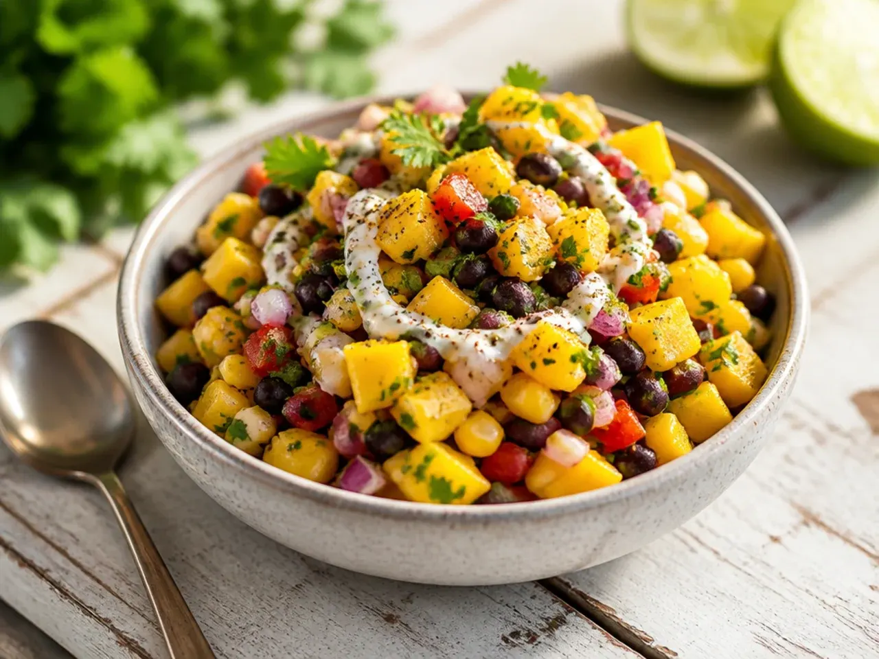 Wholesome mango salsa loaded with black beans and sweetcorn in a large bowl