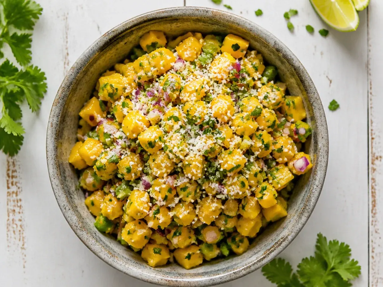 Budget mango salsa made with thawed frozen mango chunks on a chopping board