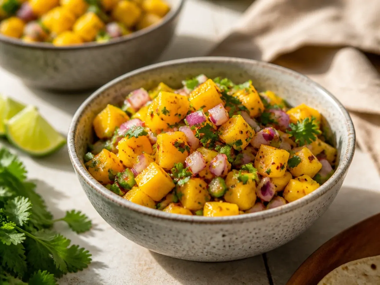 Weeknight mango salsa spooned over fish tacos on a plate