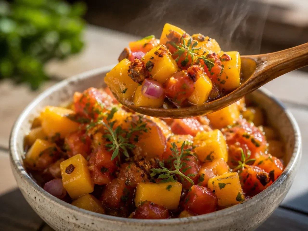 Rustic chunky mango and tomato salsa with large diced pieces