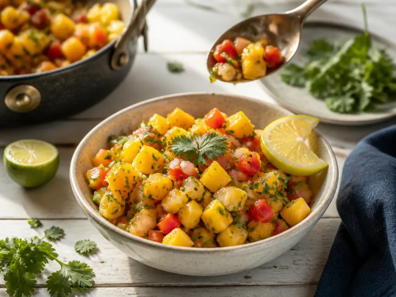 Loaded mango salsa with pineapple and red bell pepper in a large serving bowl