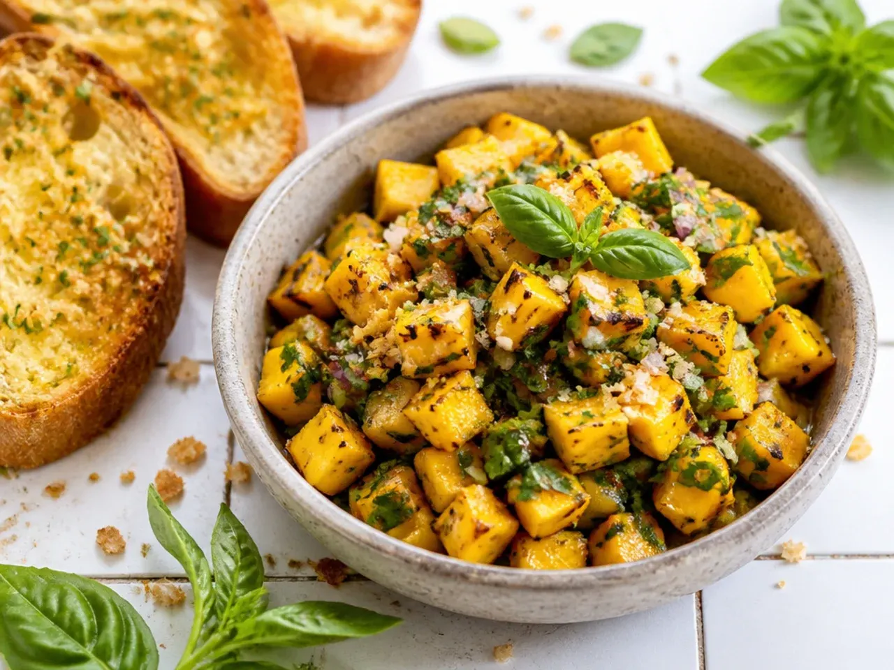 Grilled mango halves with char marks being diced for salsa on a board