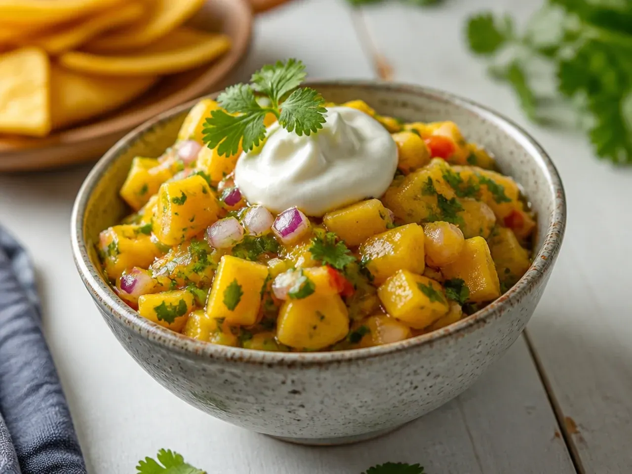 Food processor bowl with partially blended mango salsa next to diced mango