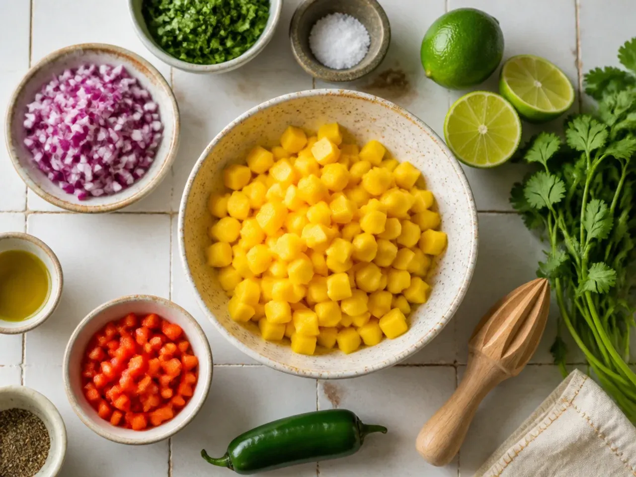 Hands testing the ripeness of a mango next to a bowl of prepared salsa ingredients