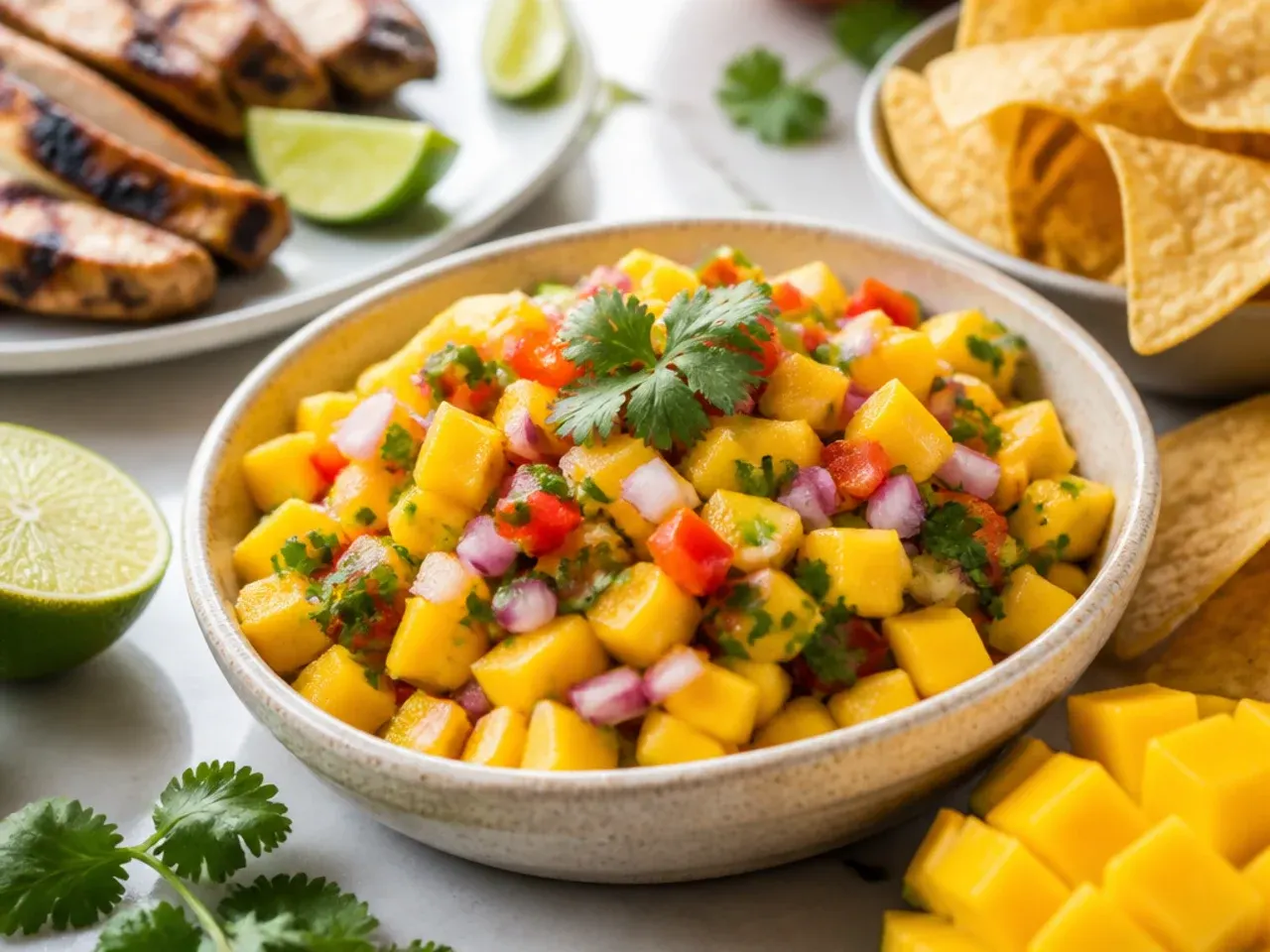 Mango salsa served over grilled fish fillets on a white plate with lime wedges