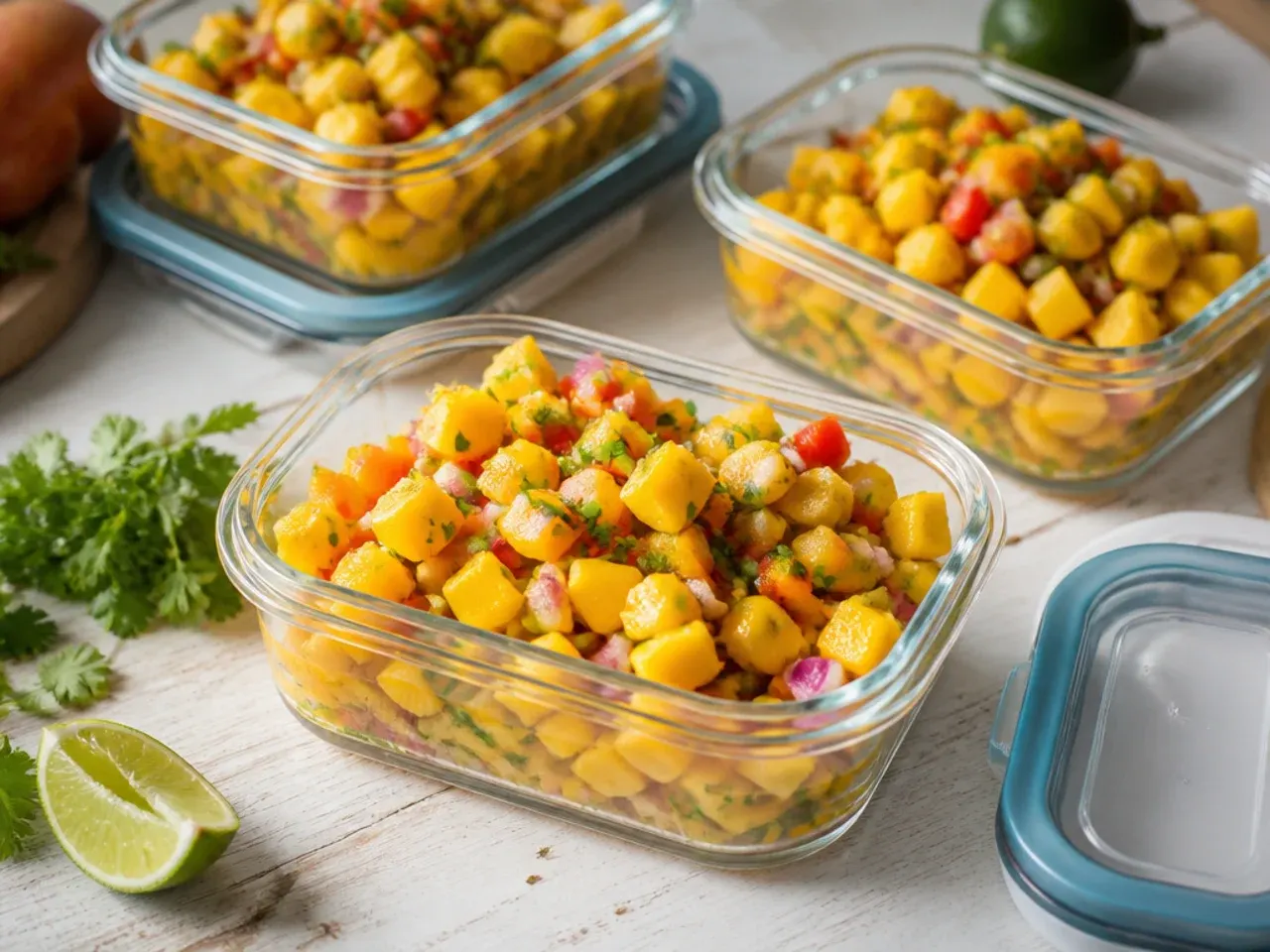 Airtight glass container of mango salsa stored in the fridge