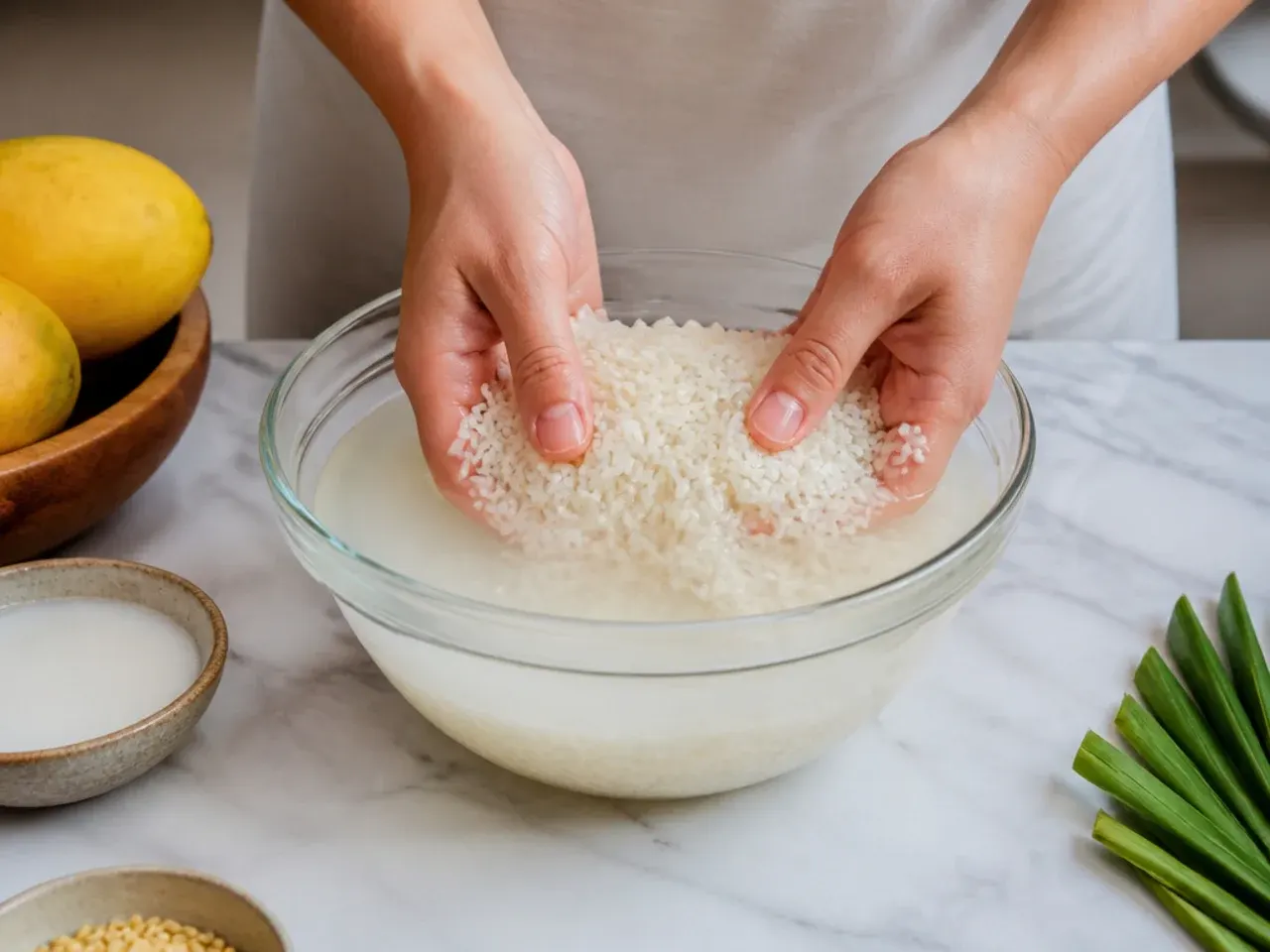 mango sticky rice dessert — step 1: rinse and soak the rice
