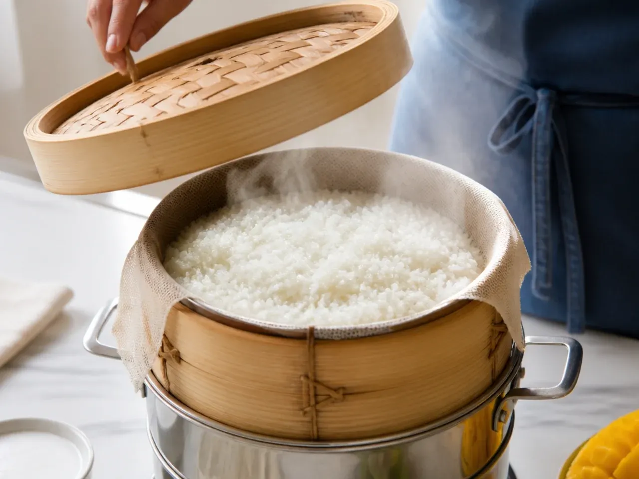 mango sticky rice dessert — step 2: steam the rice
