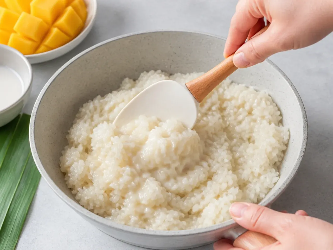 mango sticky rice dessert — step 4: fold sauce into the hot rice