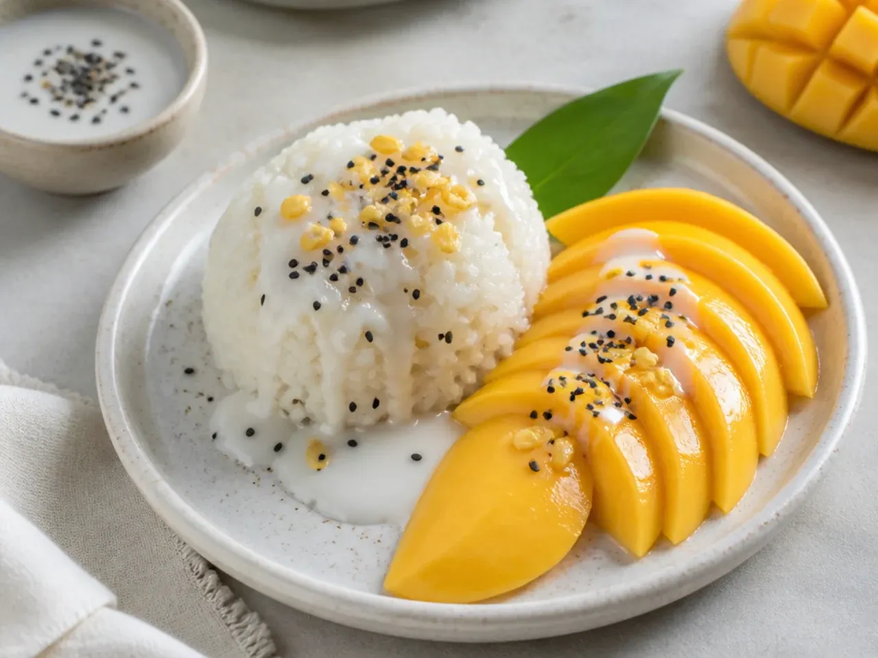 Plated mango sticky rice dessert with fresh mango slices and coconut sauce drizzle