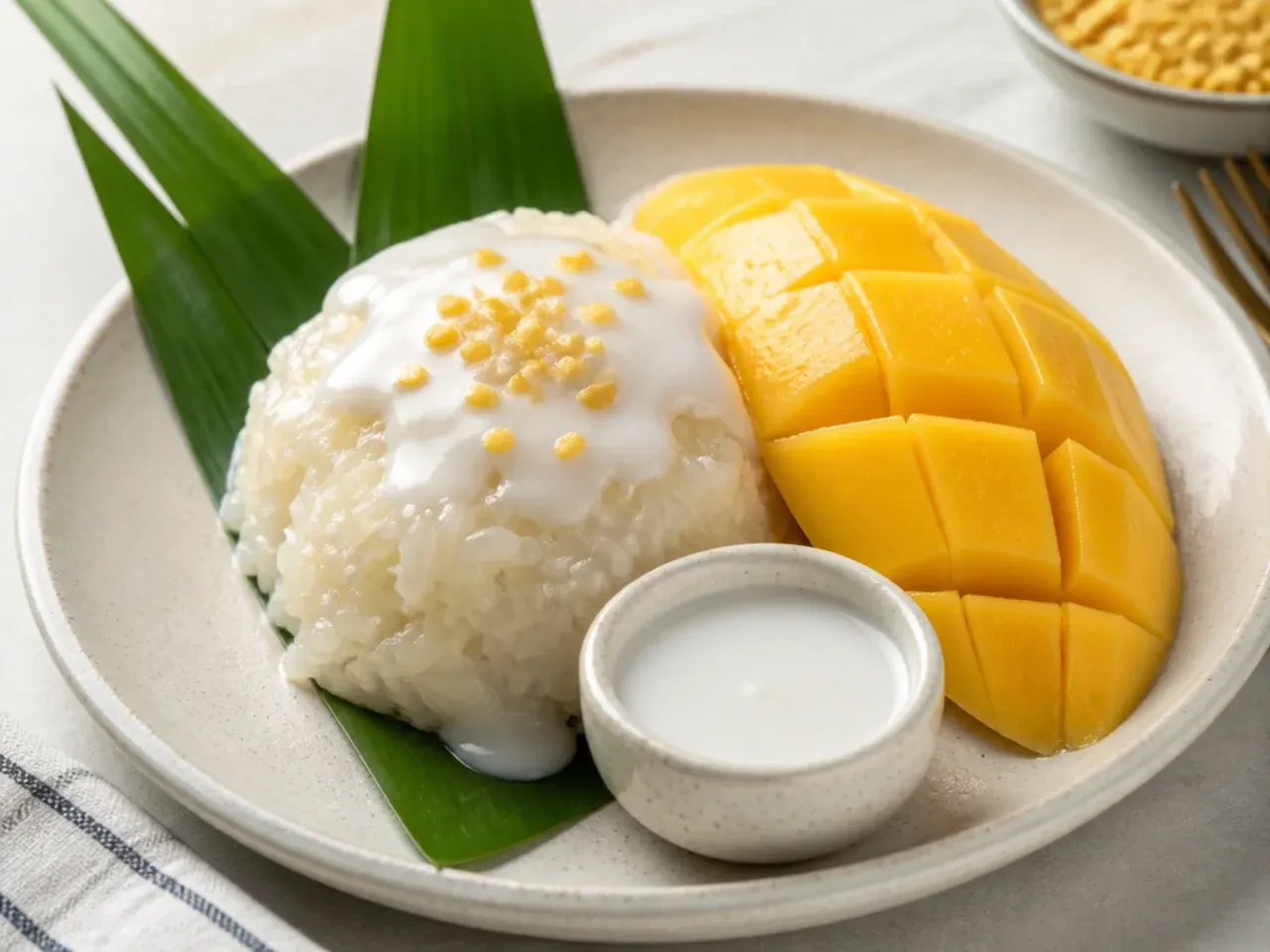 Classic Thai mango sticky rice dessert served with a salted coconut sauce