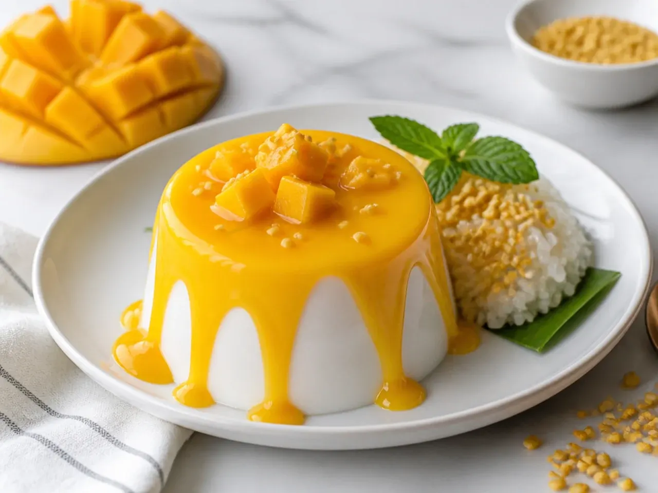 Elegant coconut panna cotta mango sticky rice dessert with mango glaze