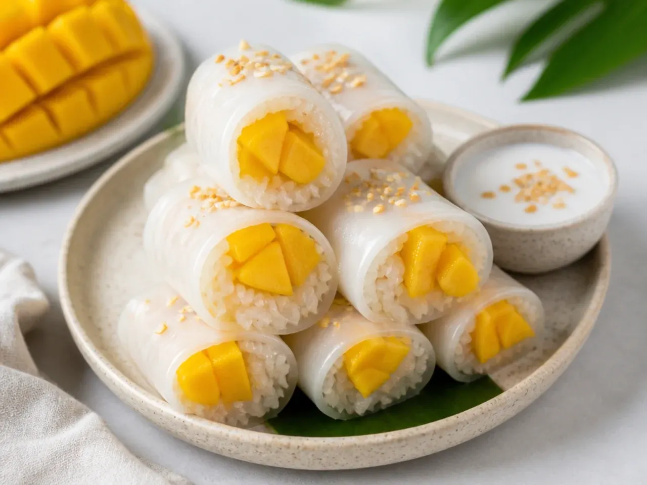 Playful mango sticky rice dessert spring rolls sliced to show the mango center