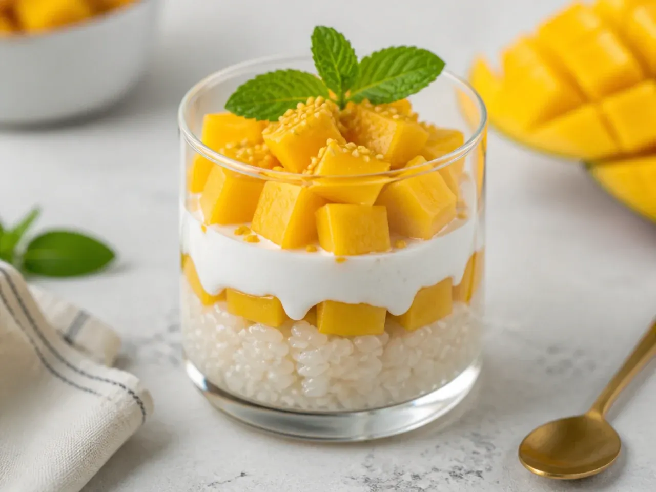 Modern deconstructed mango sticky rice dessert layered in a clear glass verrine