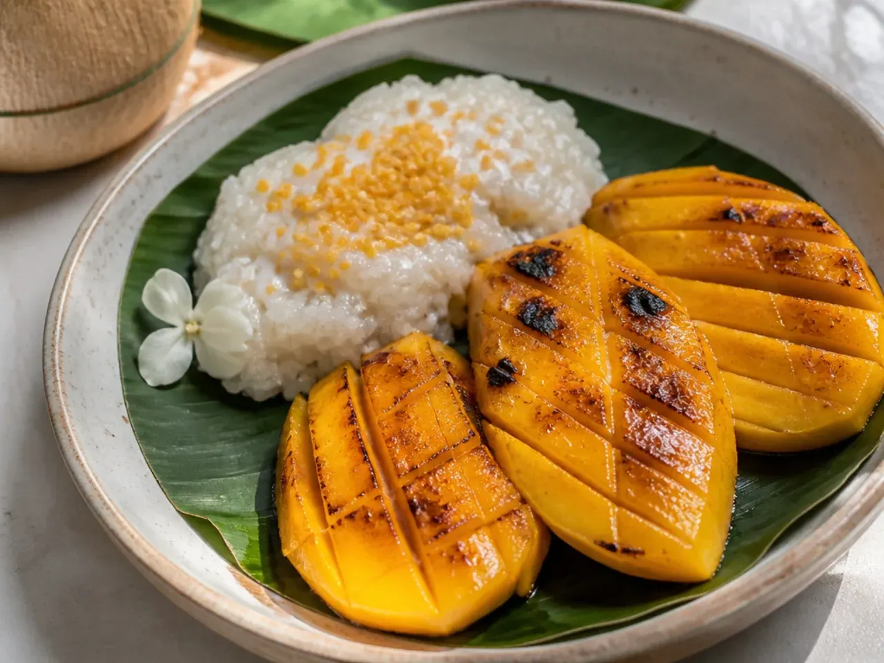 Rustic grilled mango sticky rice dessert with charred caramelized mango
