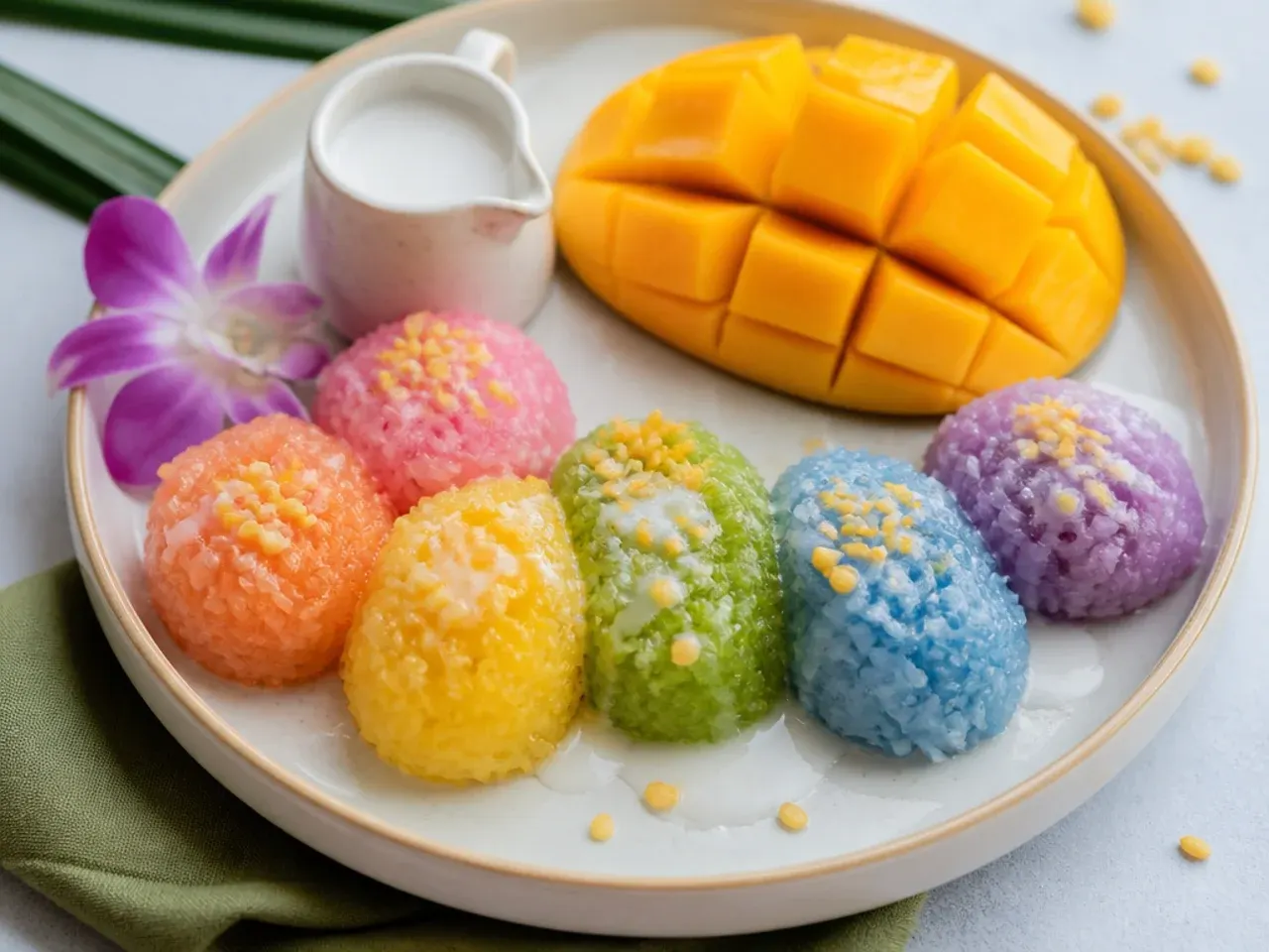 Colorful rainbow fruit mango sticky rice dessert on a summer platter