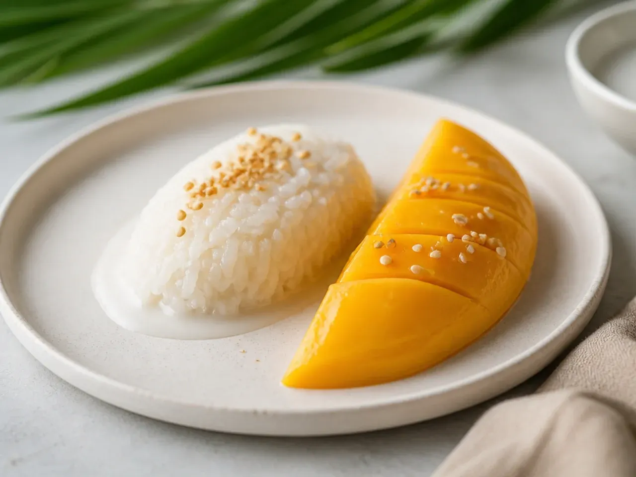 Minimal mango sticky rice dessert with a quenelle of coconut rice and one mango wedge