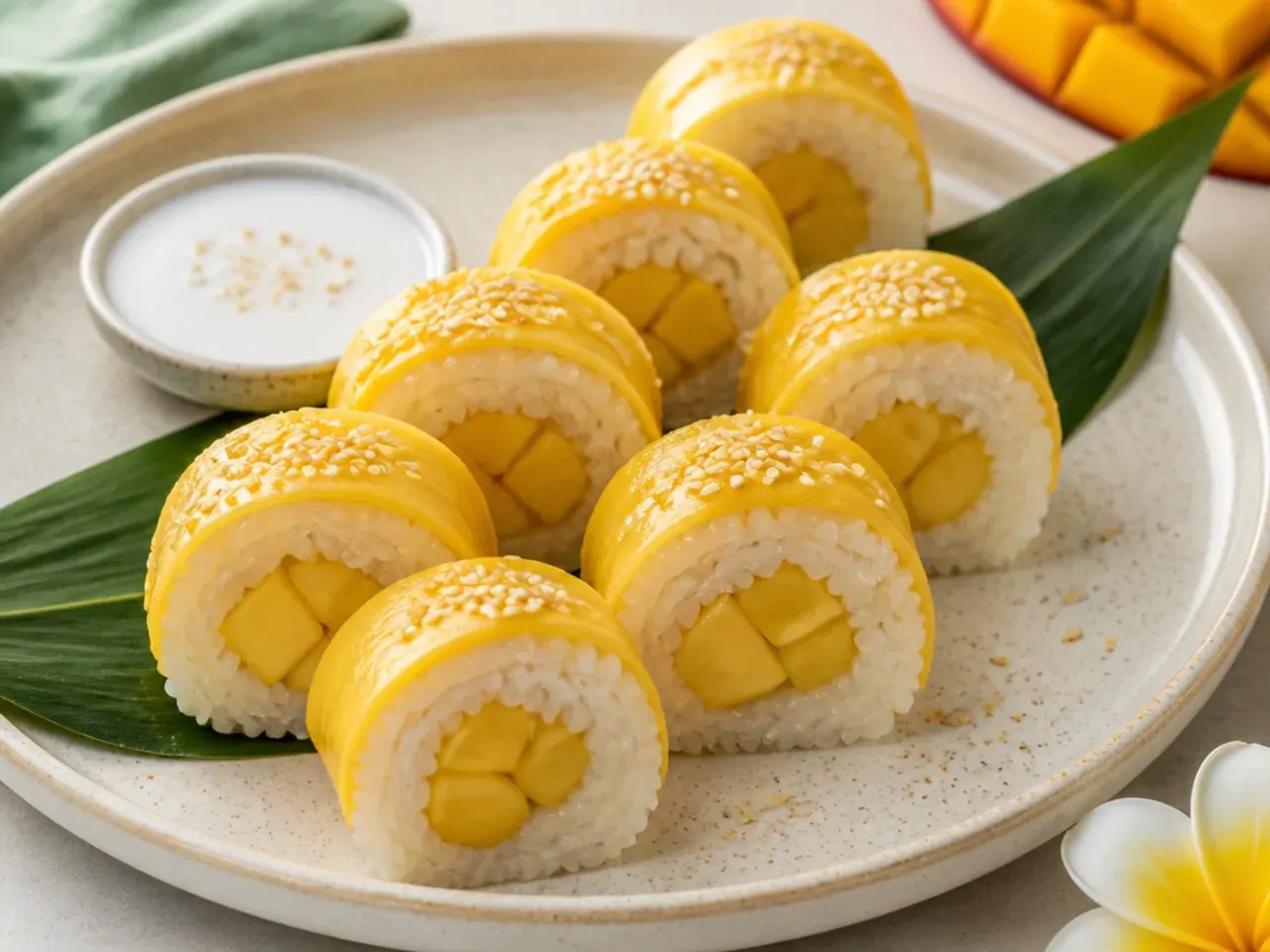 Festive mango sticky rice dessert sushi rolls sliced into neat rounds