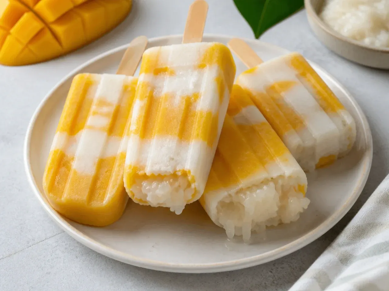 Whimsical mango sticky rice dessert popsicles with chewy rice pockets