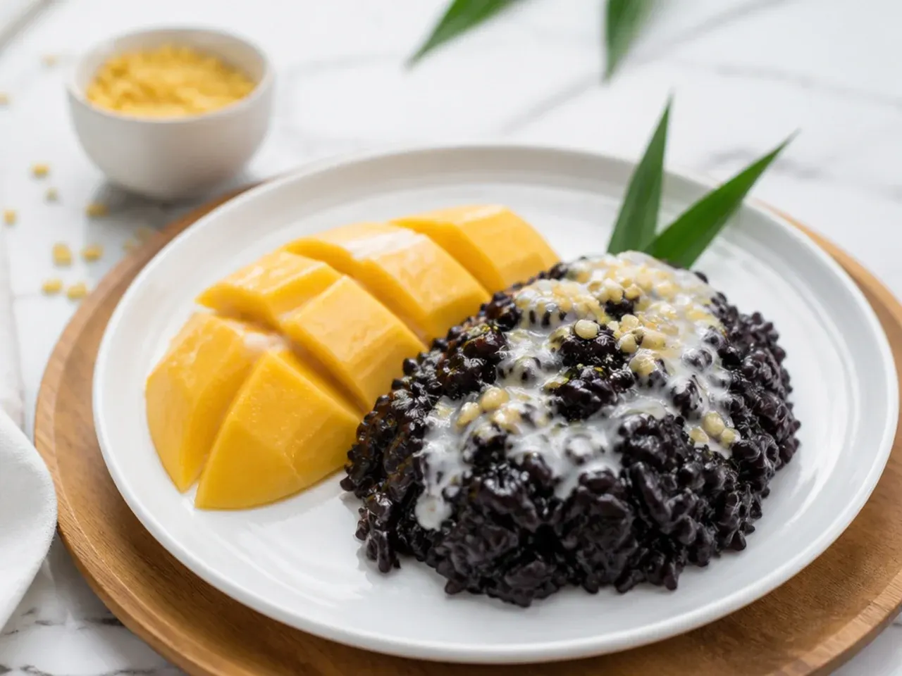 Bold black glutinous rice mango sticky rice dessert with golden mango slices