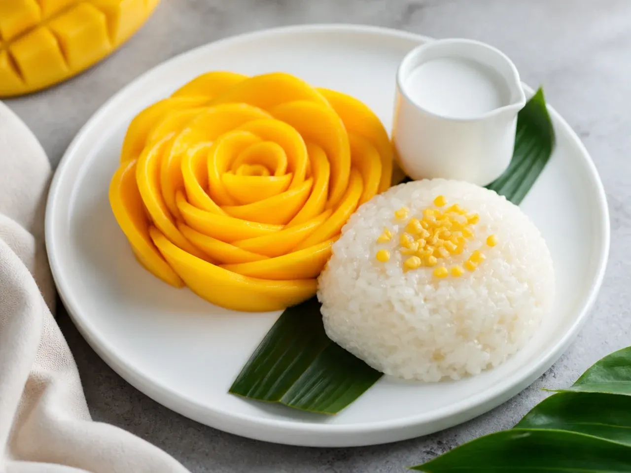 Delicate mango rose mango sticky rice dessert with spiraled mango petals