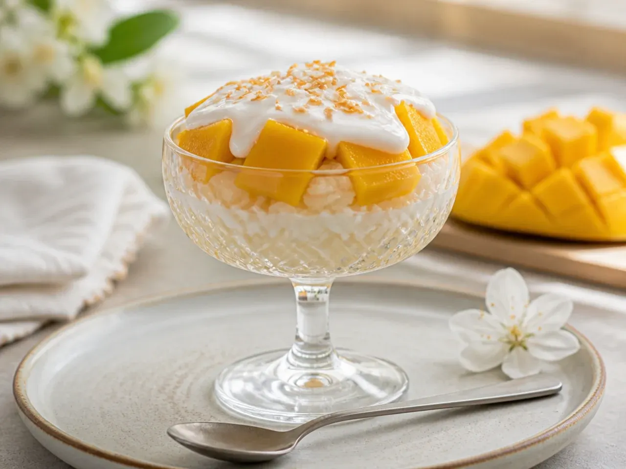 Vintage coconut mango sticky rice dessert pudding cups in glass coupes