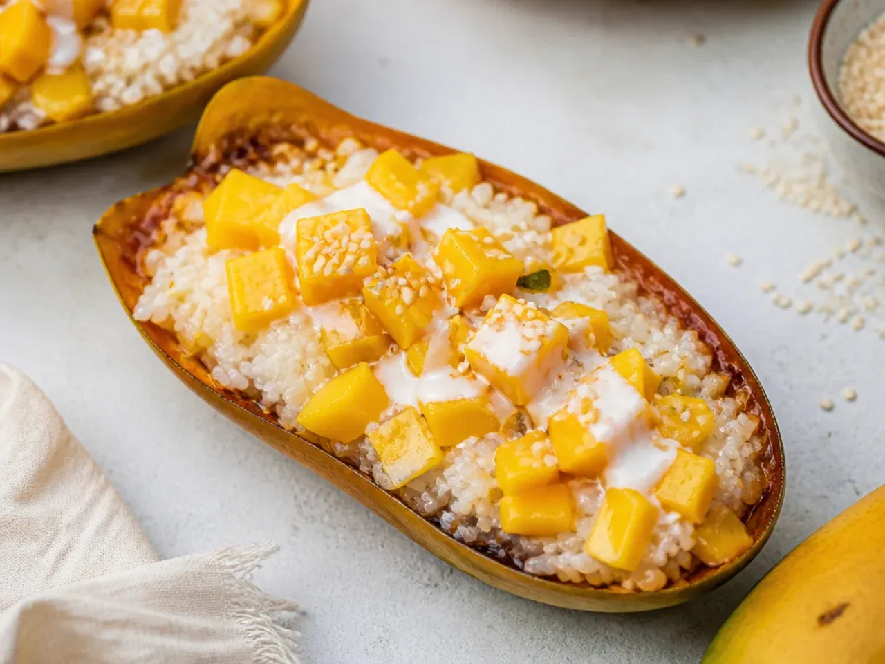 Creative mango sticky rice dessert sushi bake served in caramelized mango skin boats