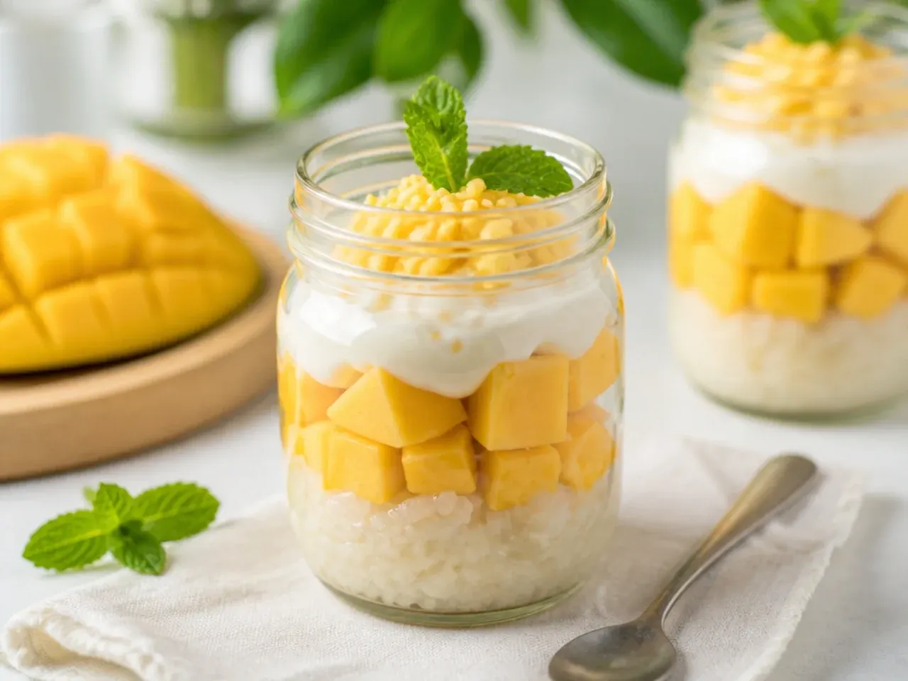 Charming mini mason jar mango sticky rice dessert layered for gifting