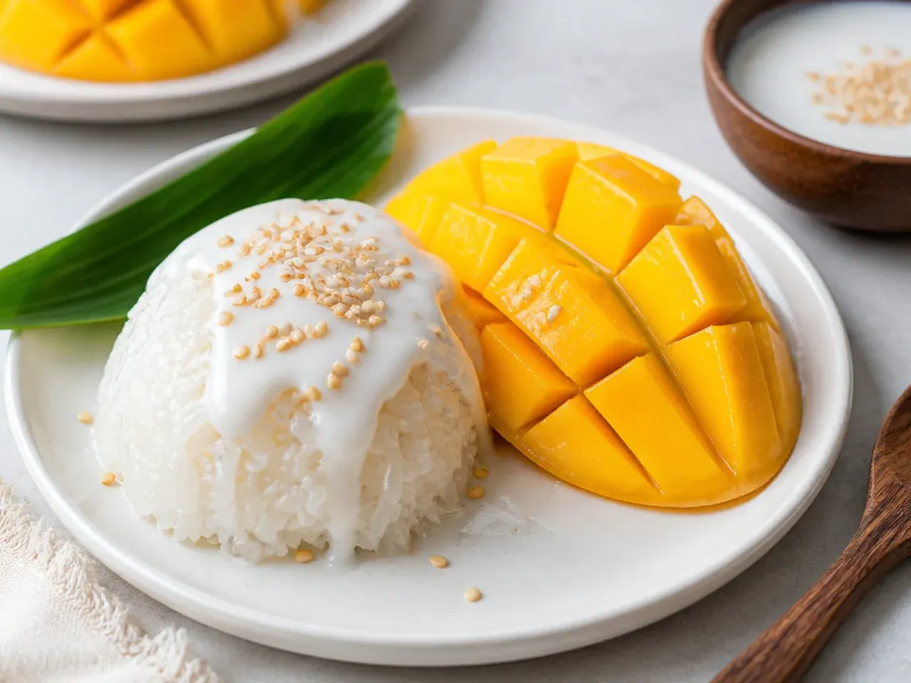 Serving suggestions for mango sticky rice dessert with coconut sauce and toasted sesame