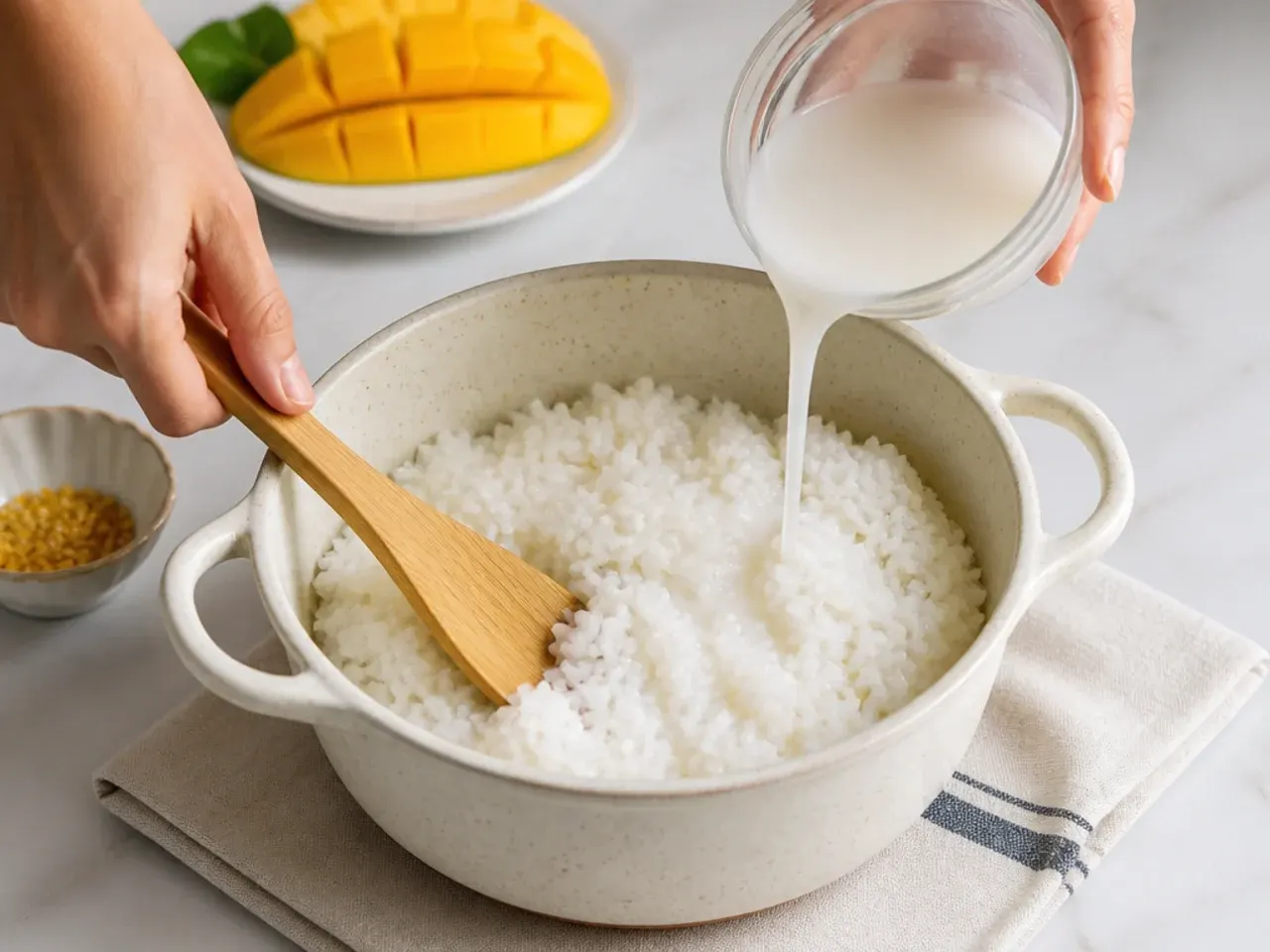 mango sticky rice for parties — step 4: combine rice and sauce