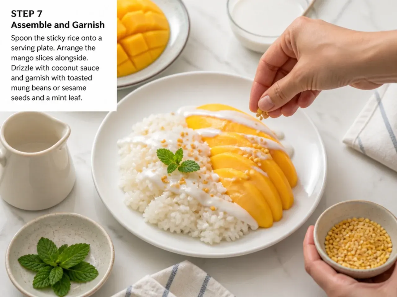 mango sticky rice for parties — step 7: assemble and garnish