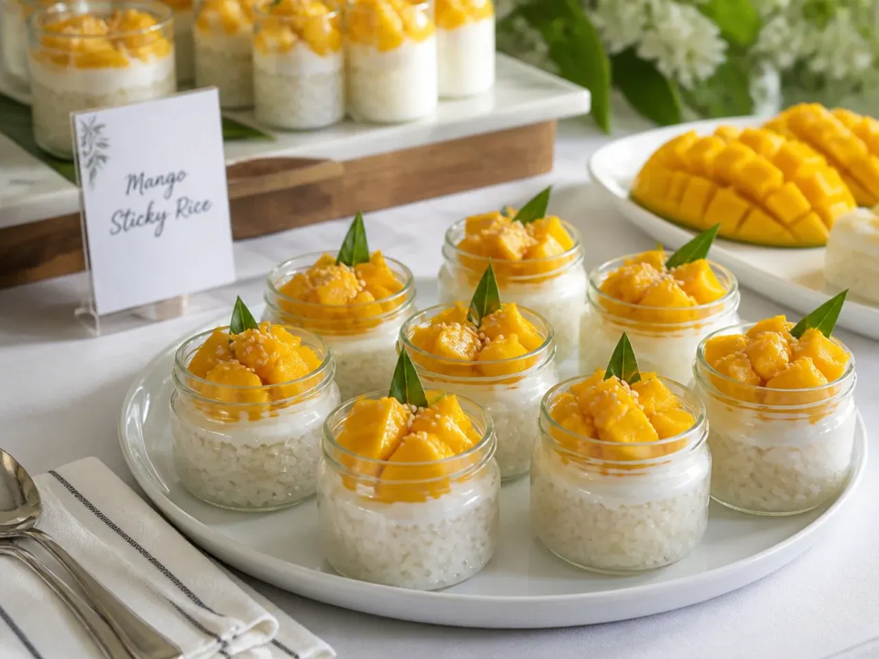A party dessert table styled with several mango sticky rice for parties presentations in jars and on platters