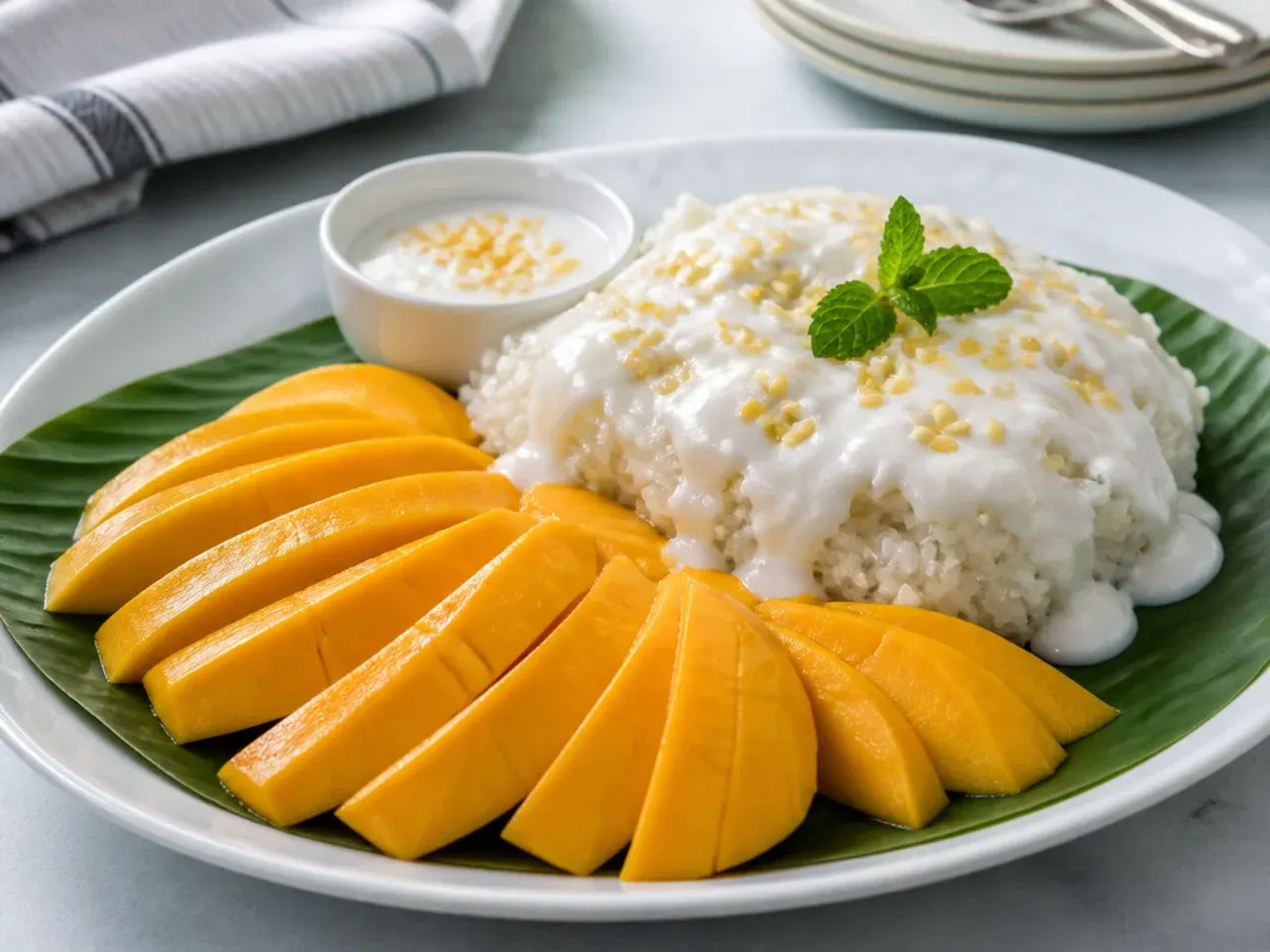 Classic family-style mango sticky rice for parties platter with fanned mango and coconut drizzle