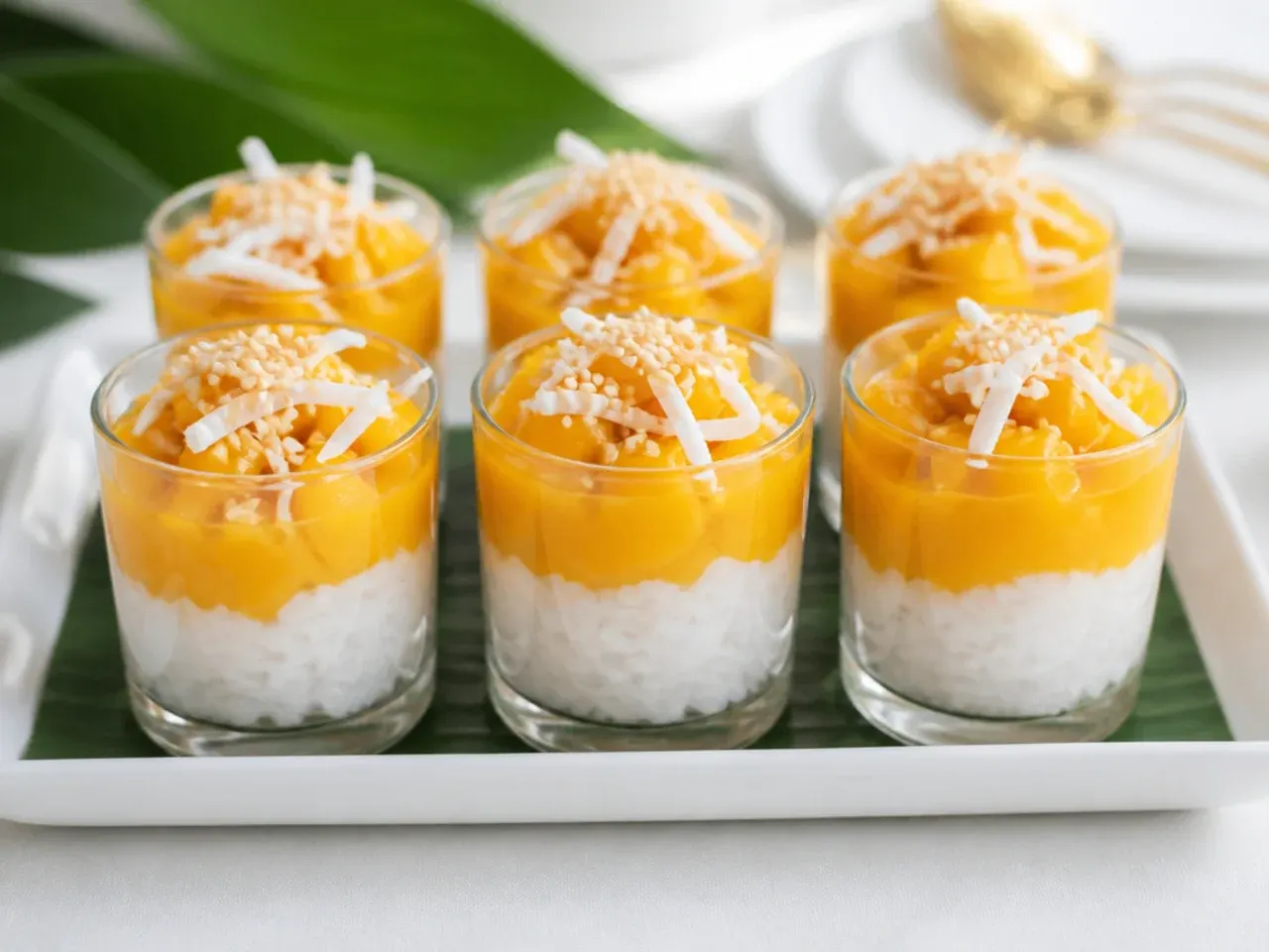 Rows of mini mango sticky rice for parties jars layered in small glasses on a serving tray