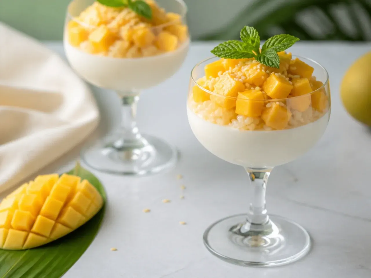 Elegant stemmed glasses of coconut panna cotta topped with mango sticky rice for parties