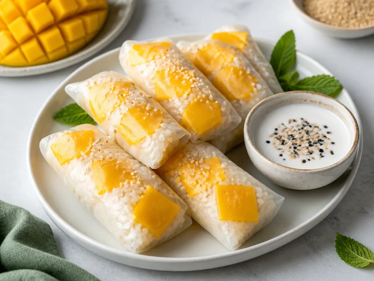 Sliced mango sticky rice for parties spring rolls in rice paper with coconut dipping sauce