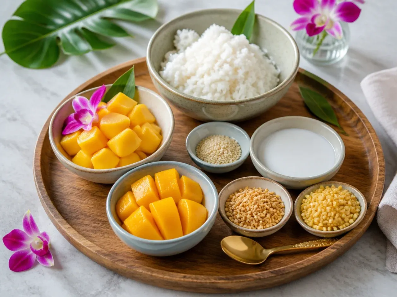 Modern deconstructed mango sticky rice for parties board with separate bowls of rice, mango and toppings