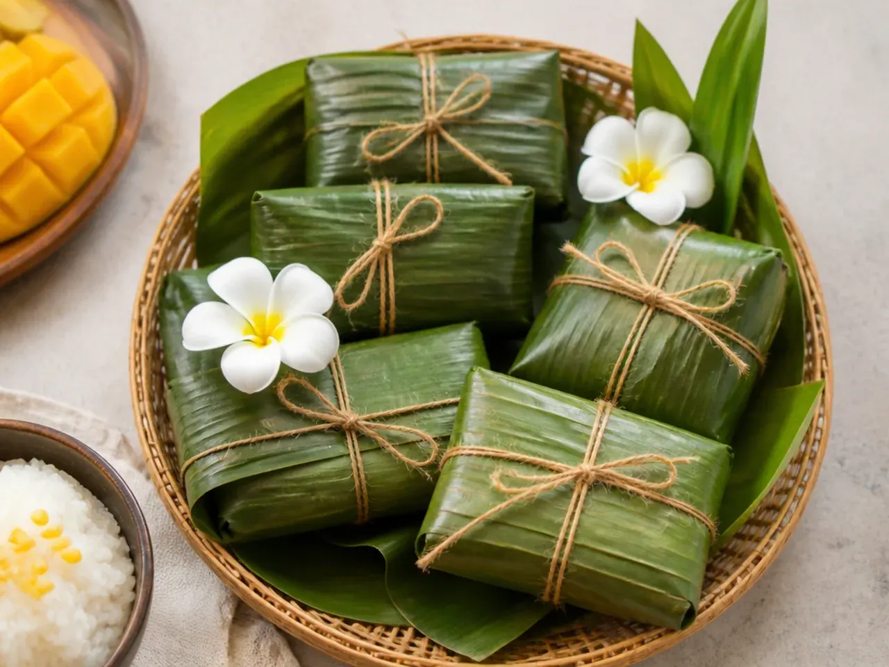 Rustic banana leaf parcels of mango sticky rice for parties tied with twine in a basket