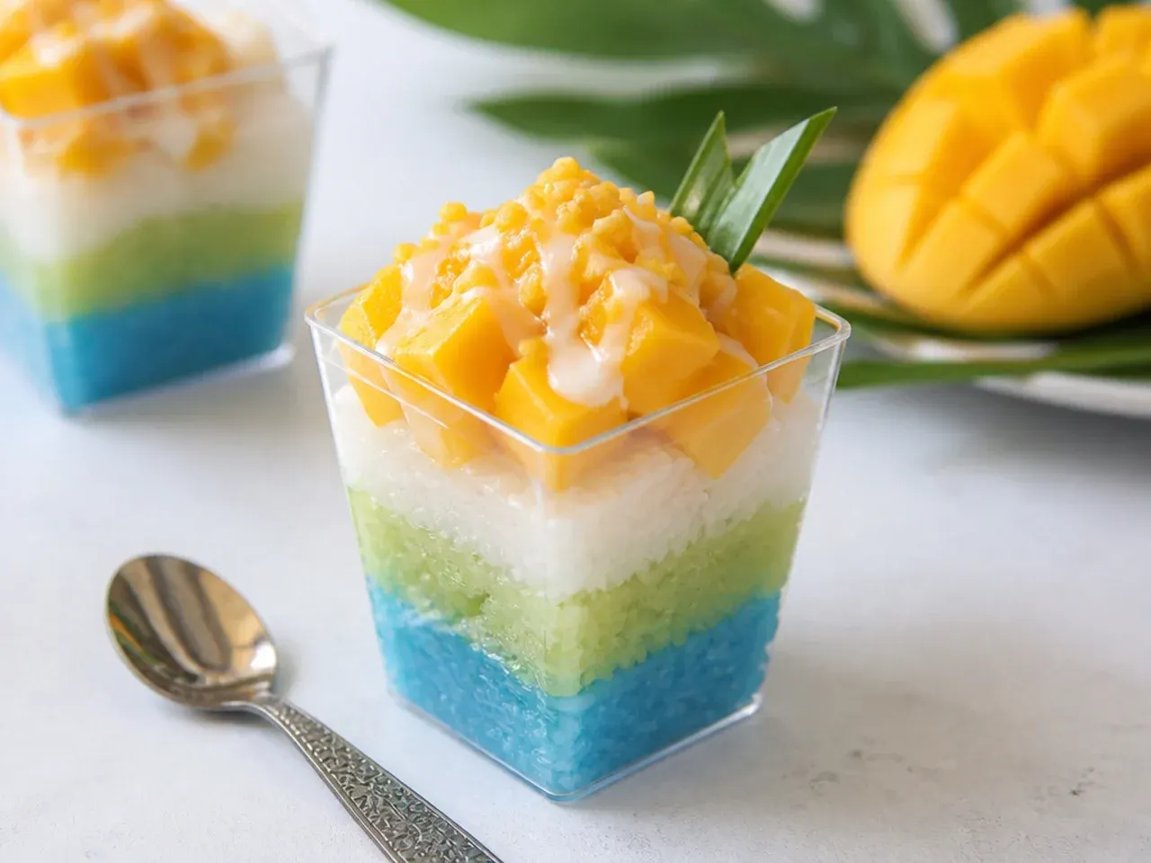 Colorful layered blue, green and white mango sticky rice for parties cups