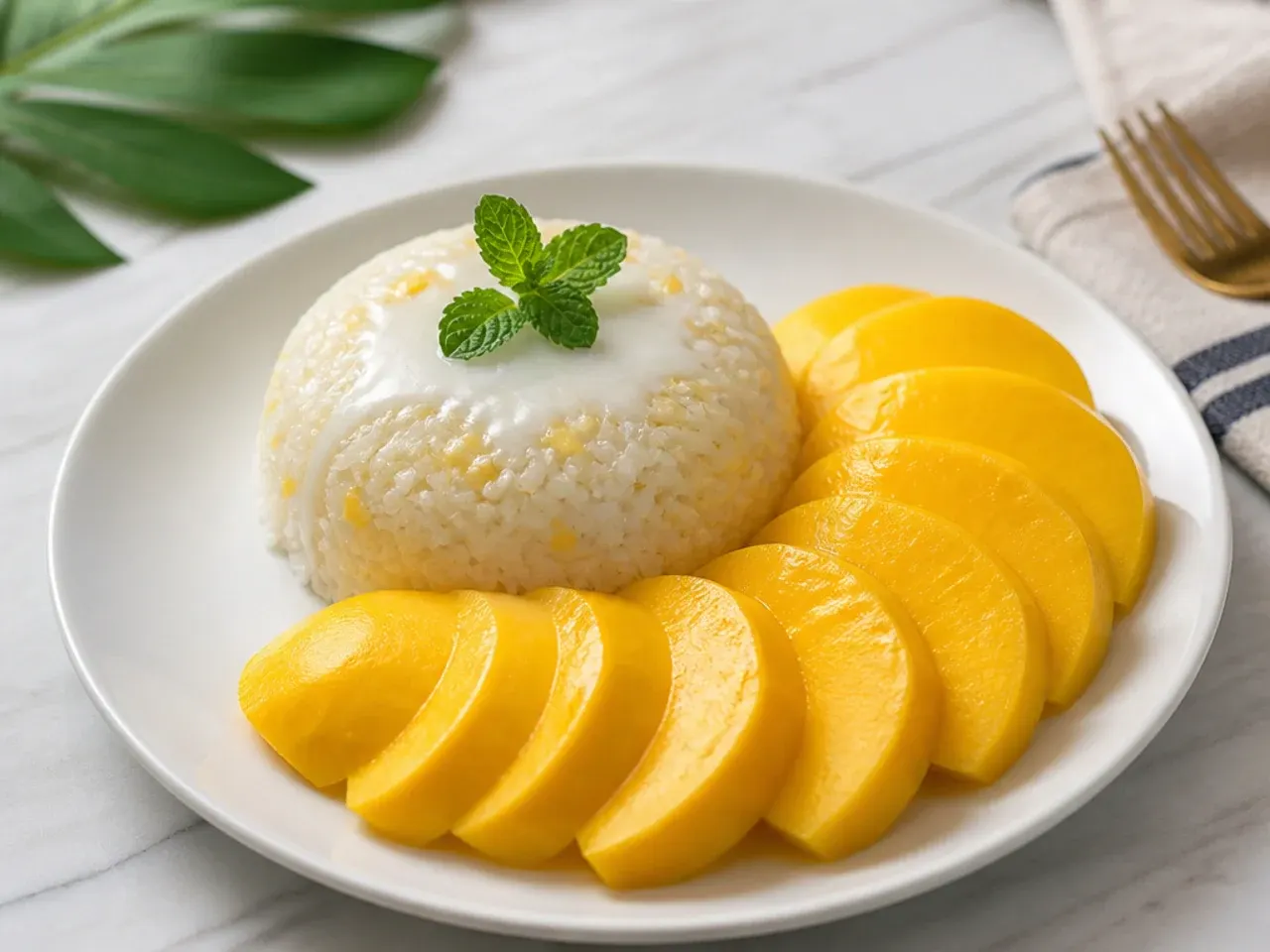 Minimal plated mango sticky rice for parties dome with a neat fan of mango slices