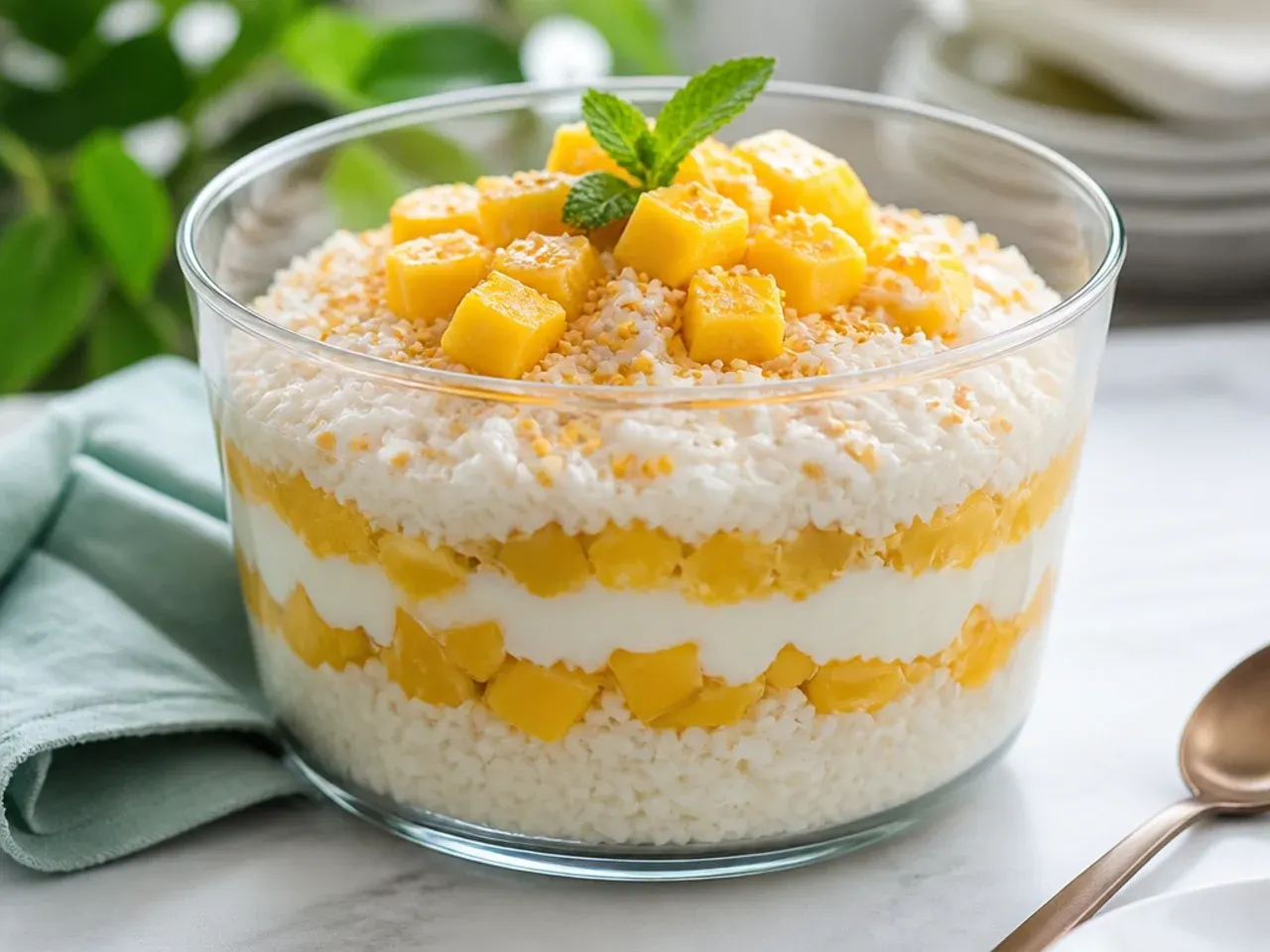 Festive layered mango sticky rice for parties trifle in a large glass bowl