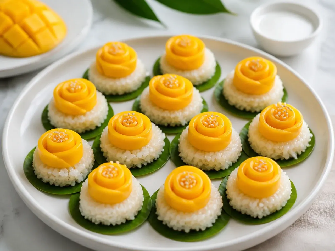 Whimsical platter of mango rose bites on mango sticky rice for parties cushions