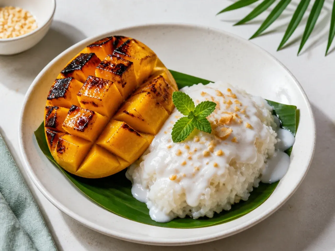Bold grilled caramelized mango over coconut mango sticky rice for parties