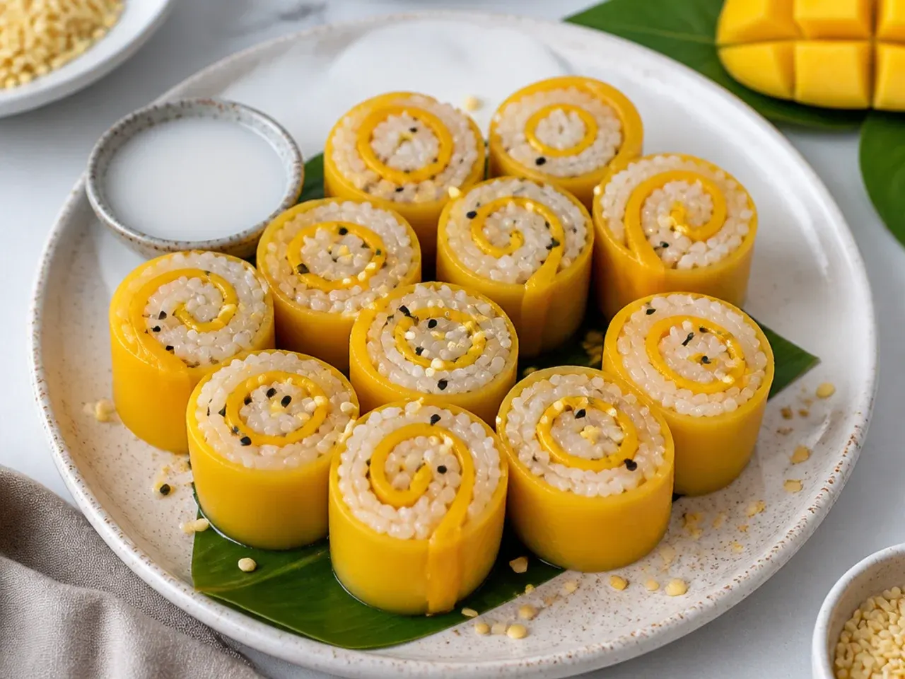 Delicate sliced mango sticky rice for parties sushi rolls showing a mango spiral
