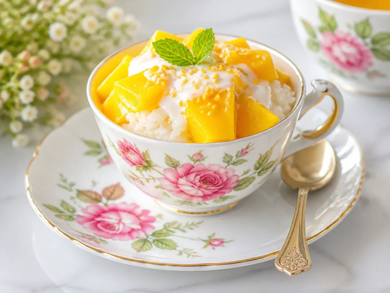 Vintage teacups filled with mango sticky rice for parties on floral saucers