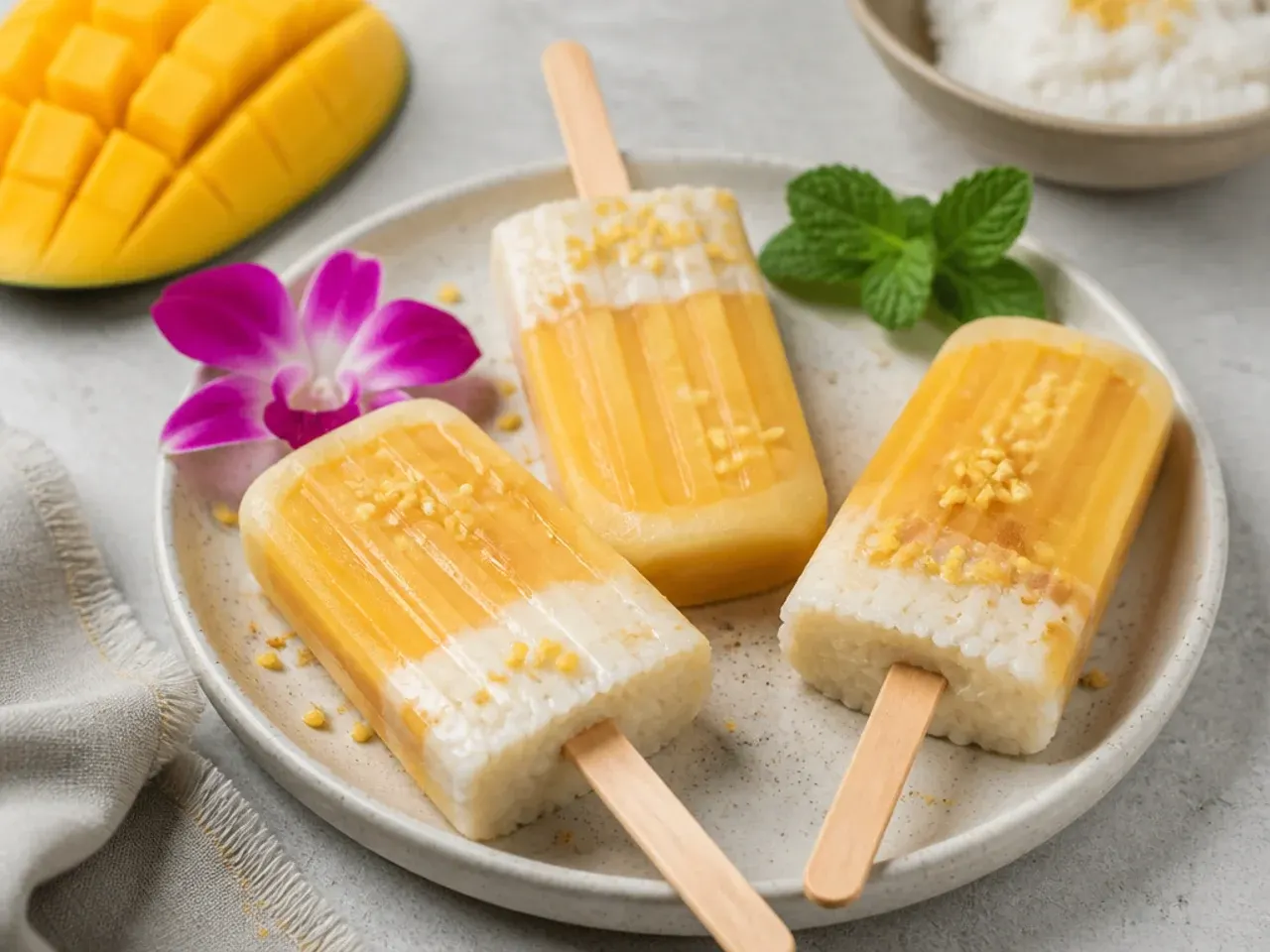 Creative mango and coconut mango sticky rice for parties popsicles on sticks
