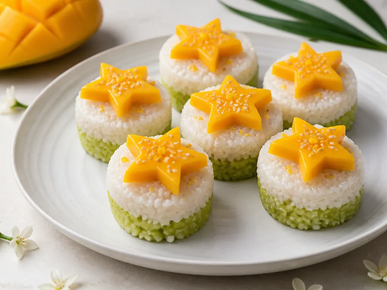 Charming mini coconut rice cakes topped with mango stars, a mango sticky rice for parties idea