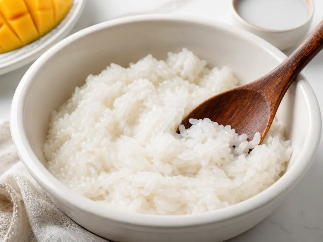 Pro tips for making mango sticky rice for parties, showing glossy stirred coconut rice